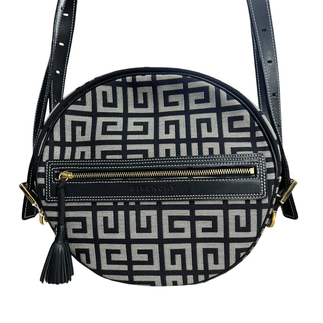 GIVENCHY 4G Monogram, Leather 4G Monogram Round Crossbody Bag Crossbody Bag Black, Grey Gold Hardware | Authentic Pre-Owned Luxury