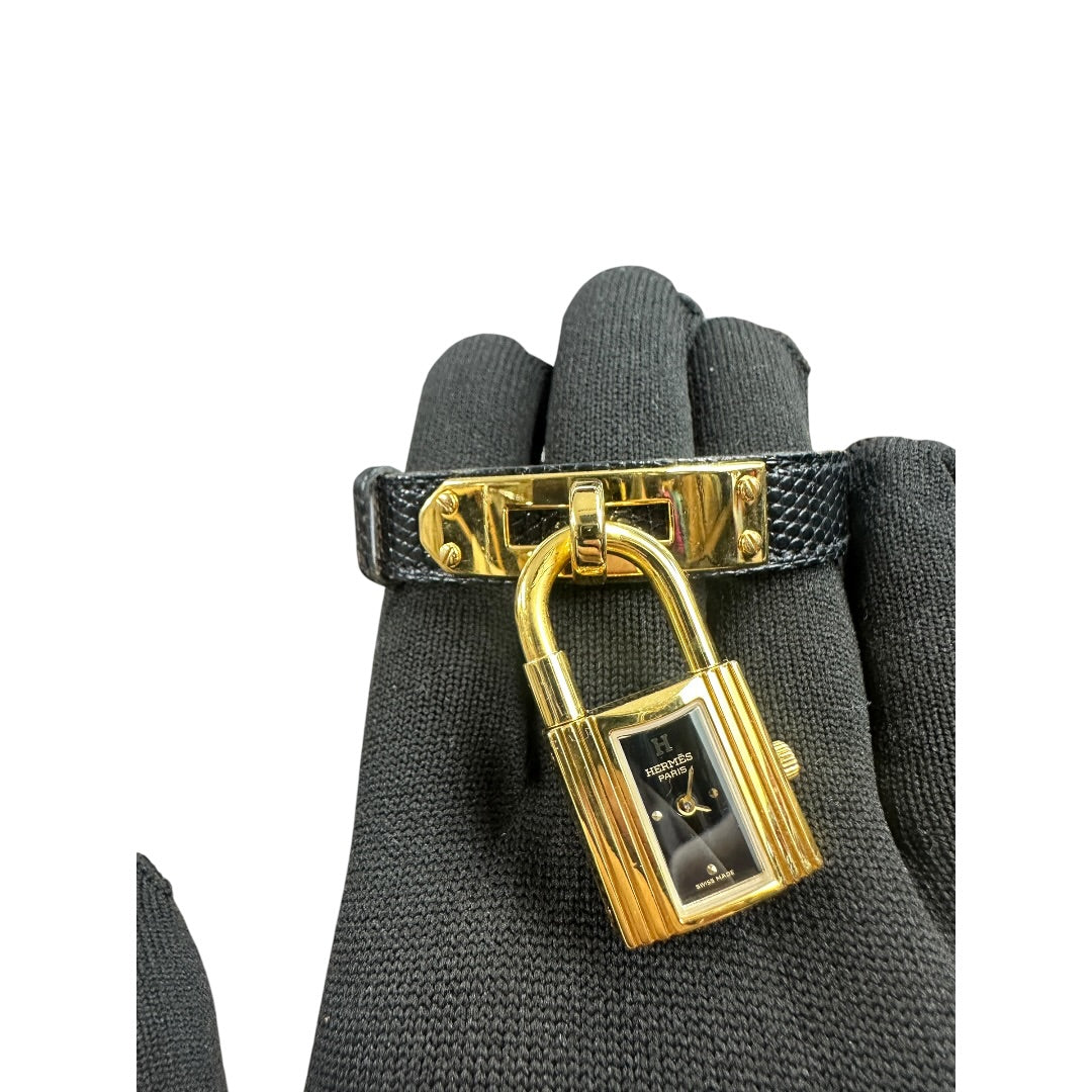 HERMES Lizard Kelly Watch Black Gold Hardware | Authentic Pre-Owned Luxury