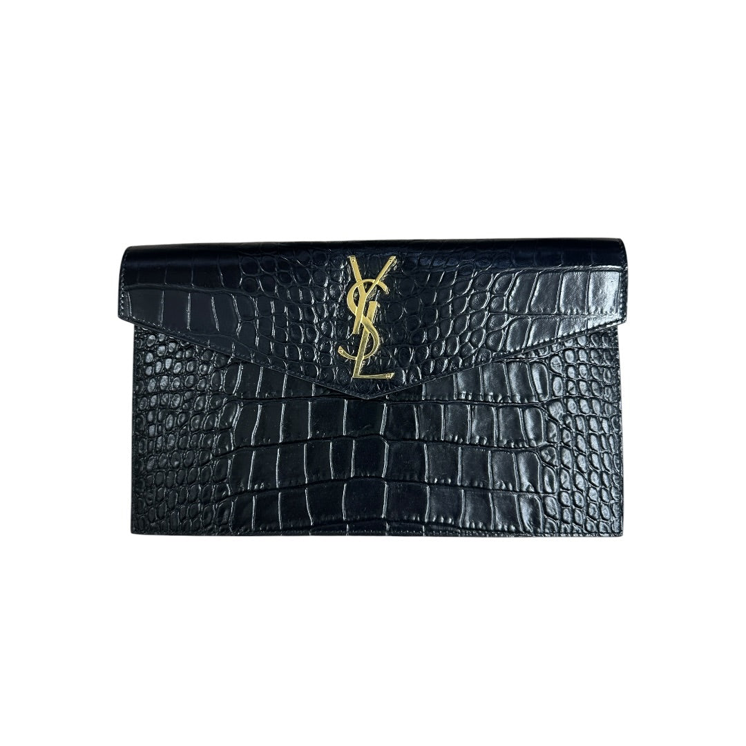 SAINT LAURENT Croc Embossed Leather Uptown Pouch Black Gold Hardware | Authentic Pre-Owned Luxury