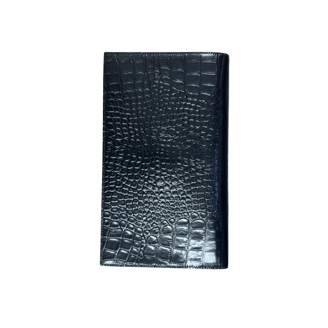 SAINT LAURENT Croc Embossed Leather Uptown Pouch Black Gold Hardware | Authentic Pre-Owned Luxury