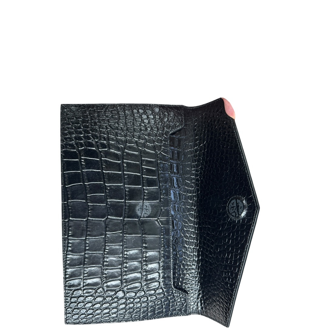 SAINT LAURENT Croc Embossed Leather Uptown Pouch Black Gold Hardware | Authentic Pre-Owned Luxury