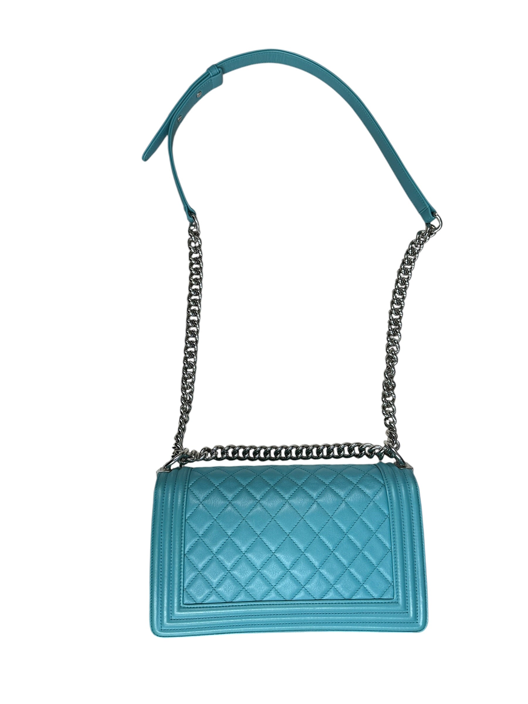 CHANEL Lambskin Boy Chanel 25 Shoulder Bag Turquoise Blue Silver Hardware - CHANEL