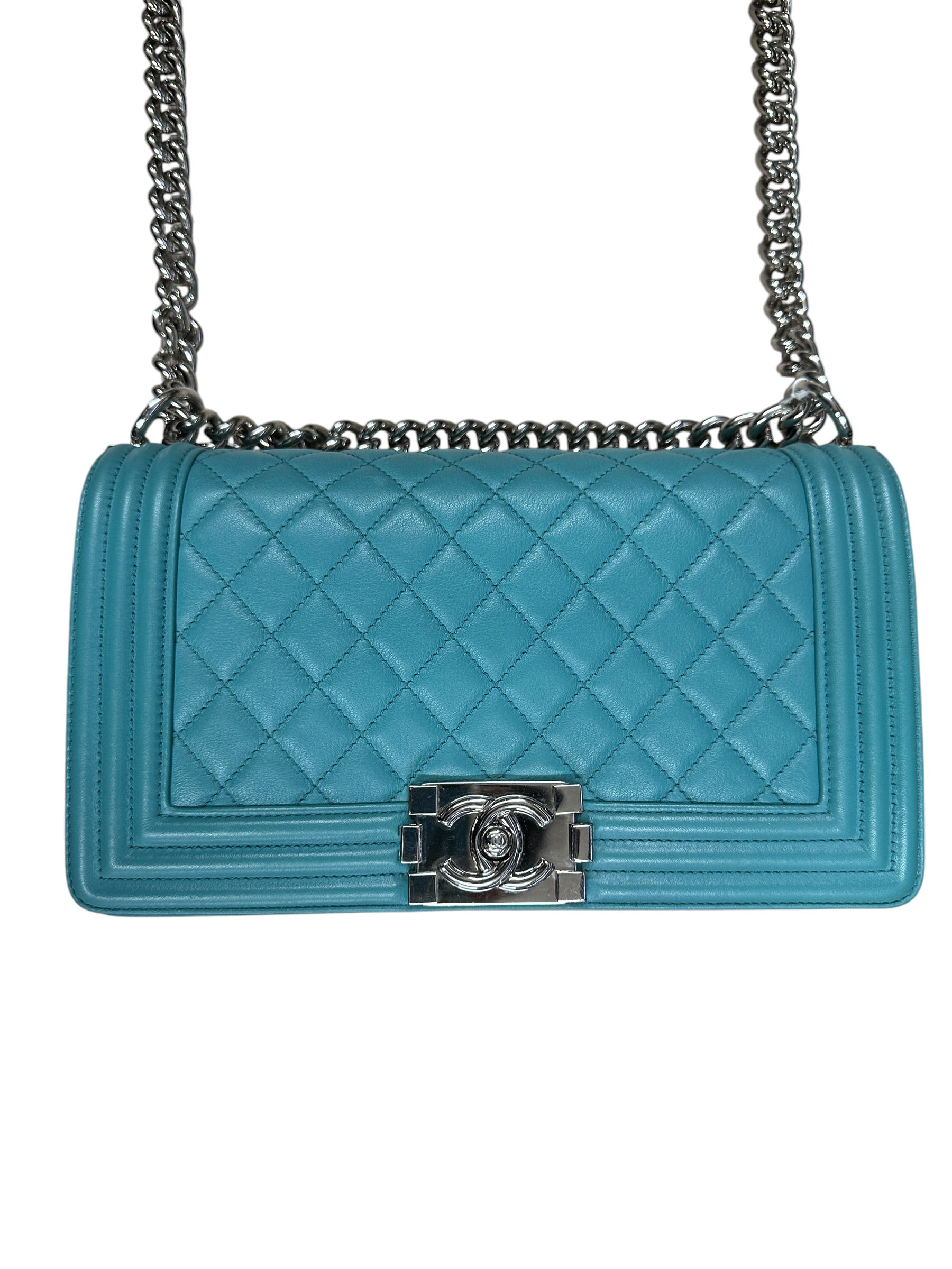 CHANEL Lambskin Boy Chanel 25 Shoulder Bag Turquoise Blue Silver Hardware - CHANEL