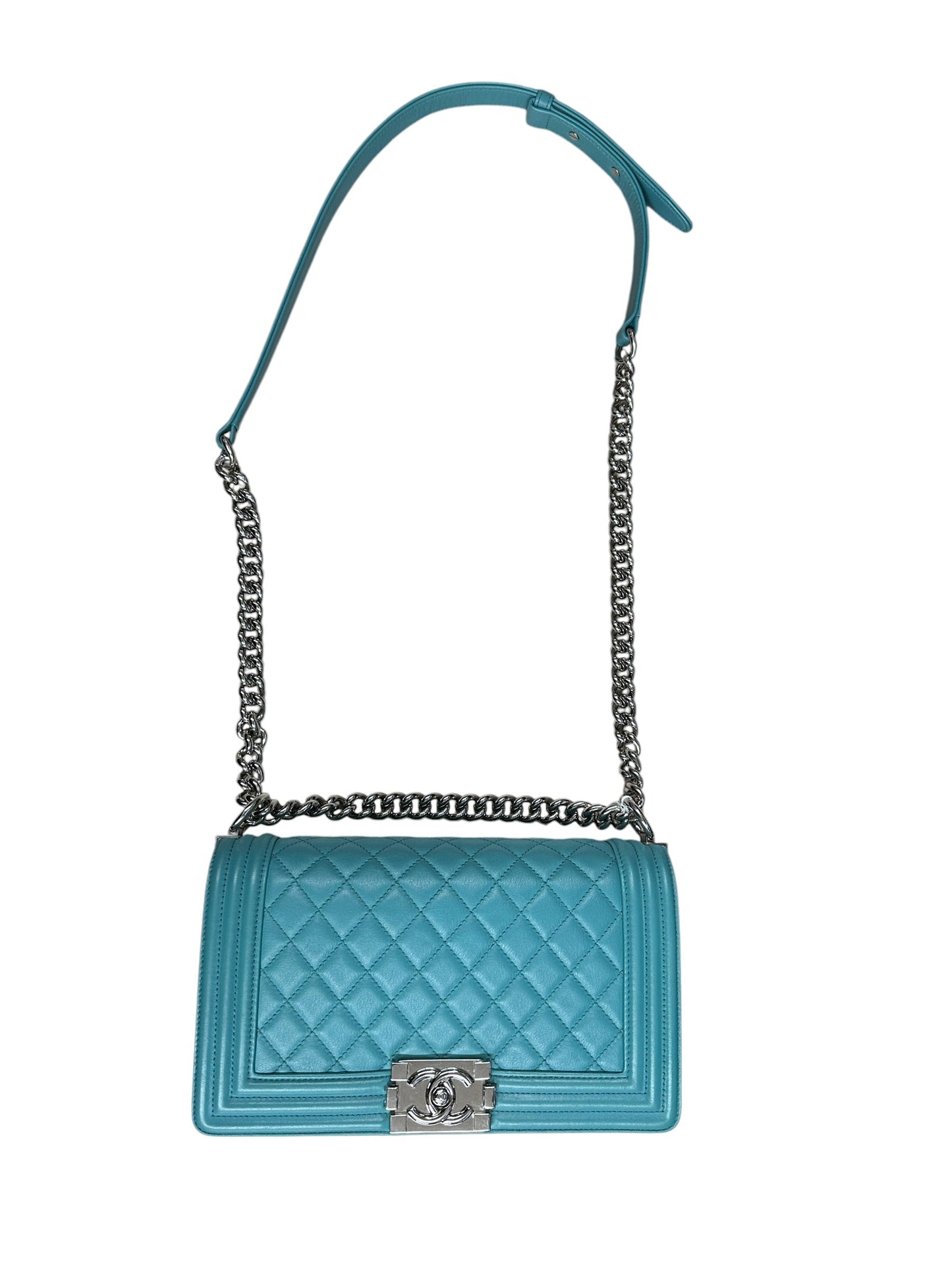 CHANEL Lambskin Boy Chanel 25 Shoulder Bag Turquoise Blue Silver Hardware - CHANEL