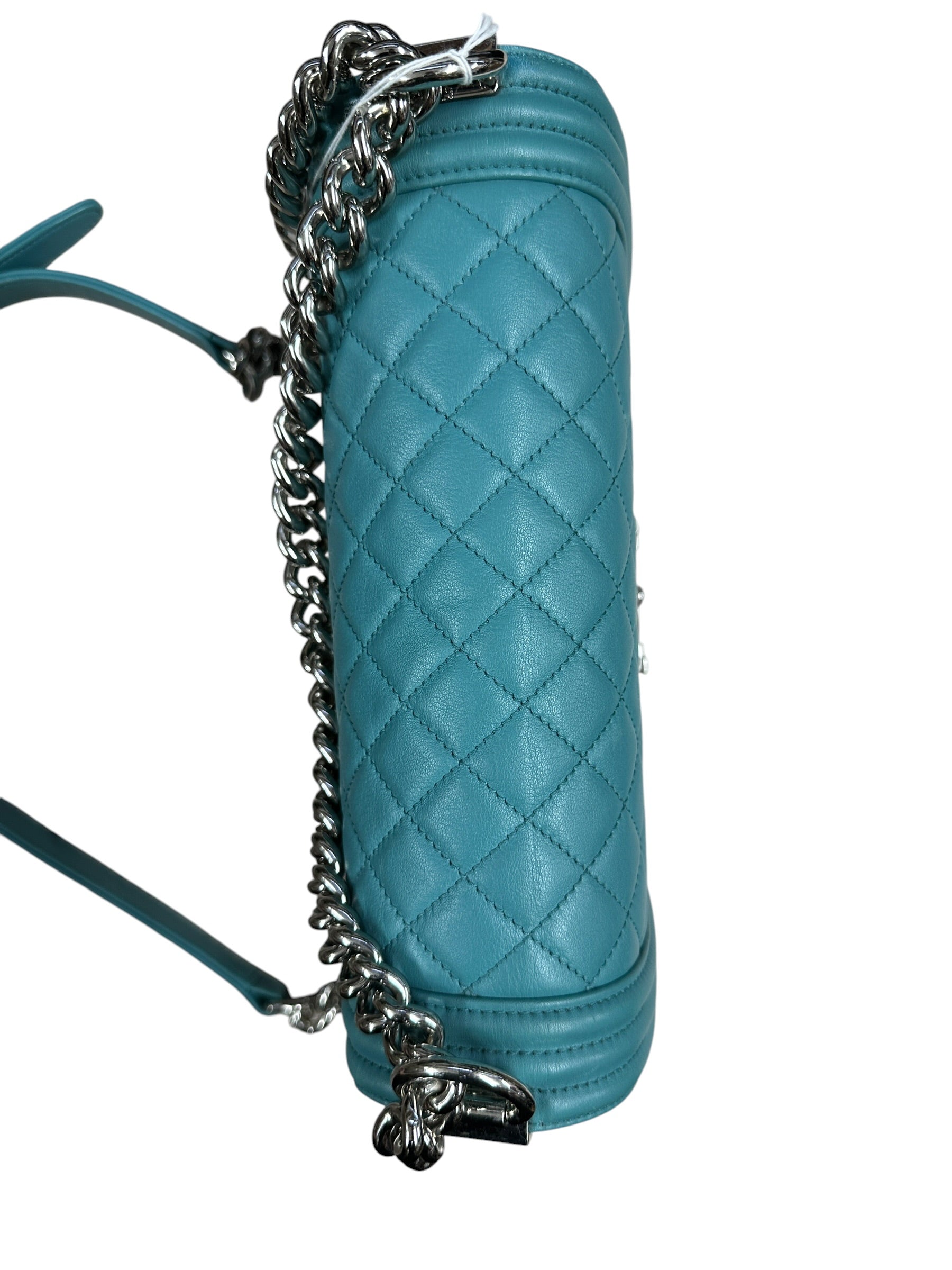 CHANEL Lambskin Boy Chanel 25 Shoulder Bag Turquoise Blue Silver Hardware - CHANEL