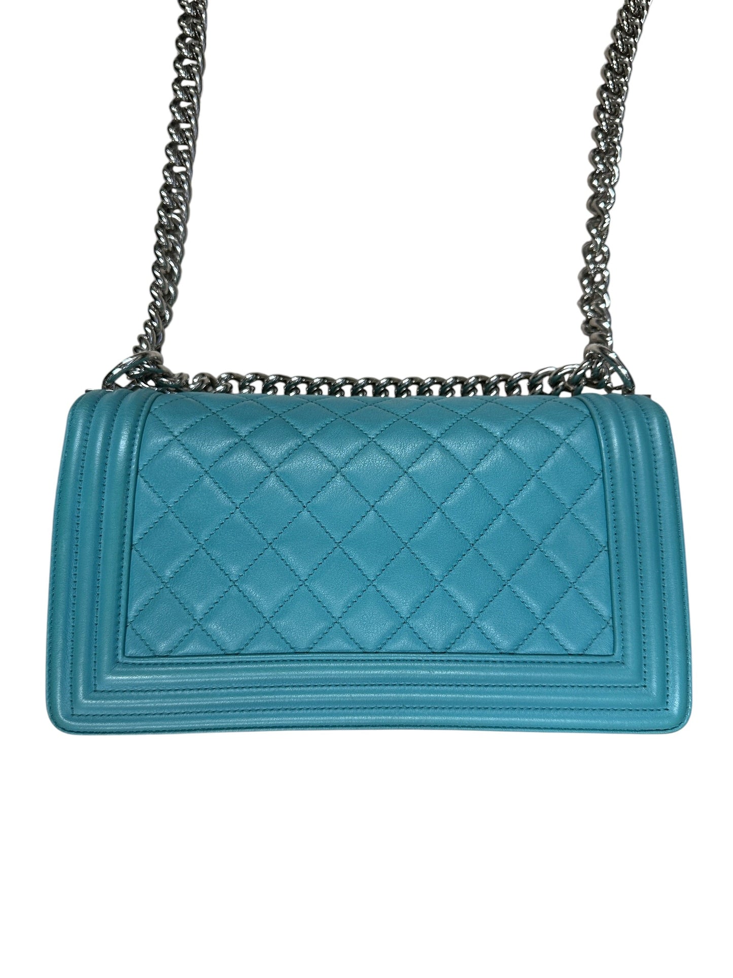 CHANEL Lambskin Boy Chanel 25 Shoulder Bag Turquoise Blue Silver Hardware - CHANEL
