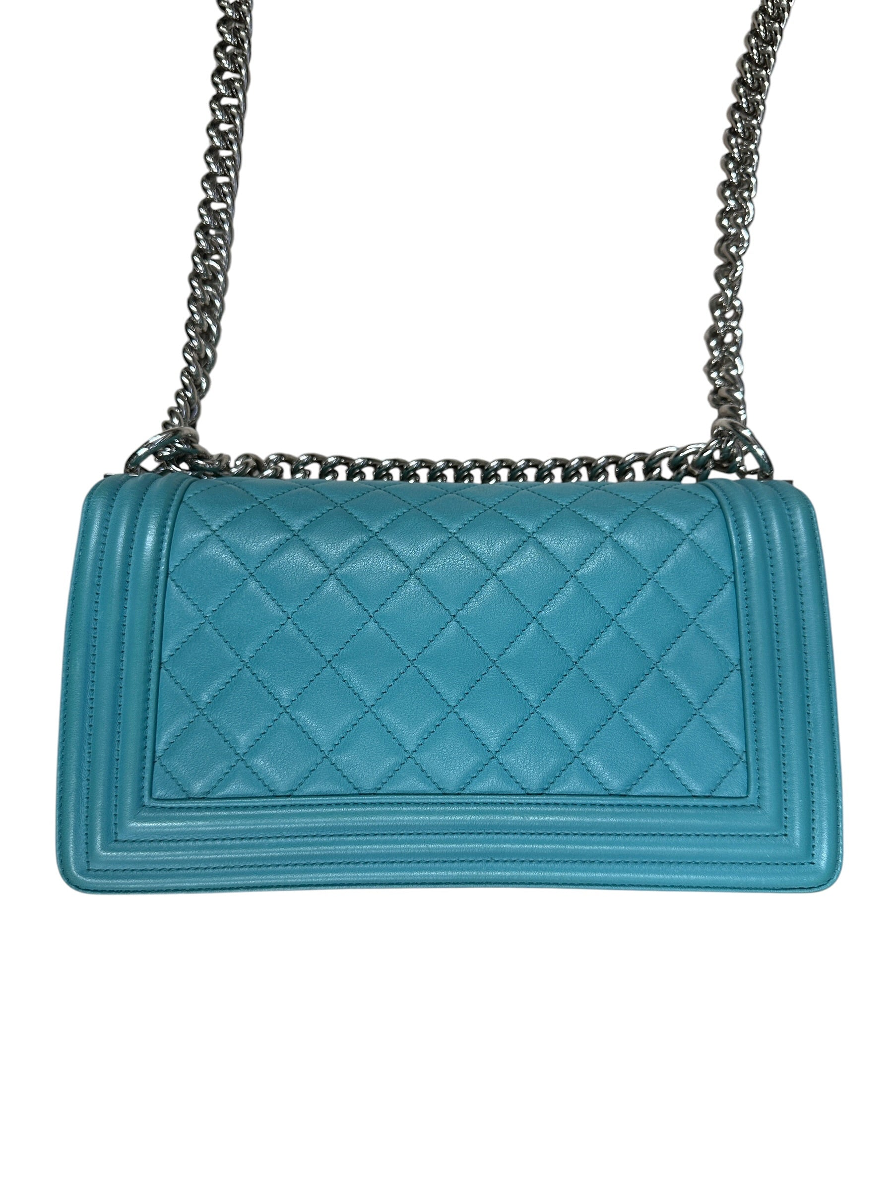 CHANEL Lambskin Boy Chanel 25 Shoulder Bag Turquoise Blue Silver Hardware - CHANEL
