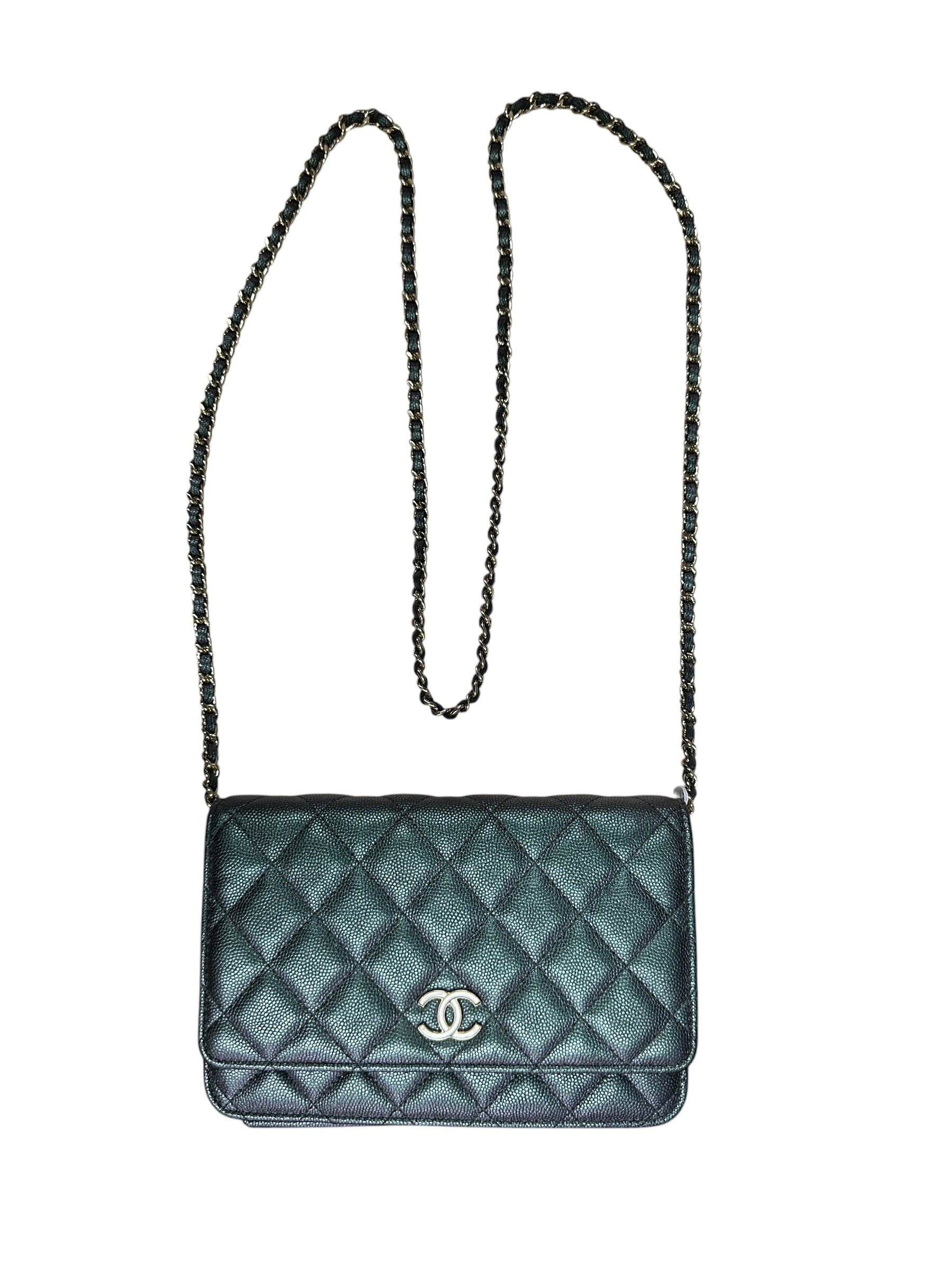 CHANEL Caviar Leather Matelasse 19 Chain Wallet Metallic Grey Gold Hardware - CHANEL