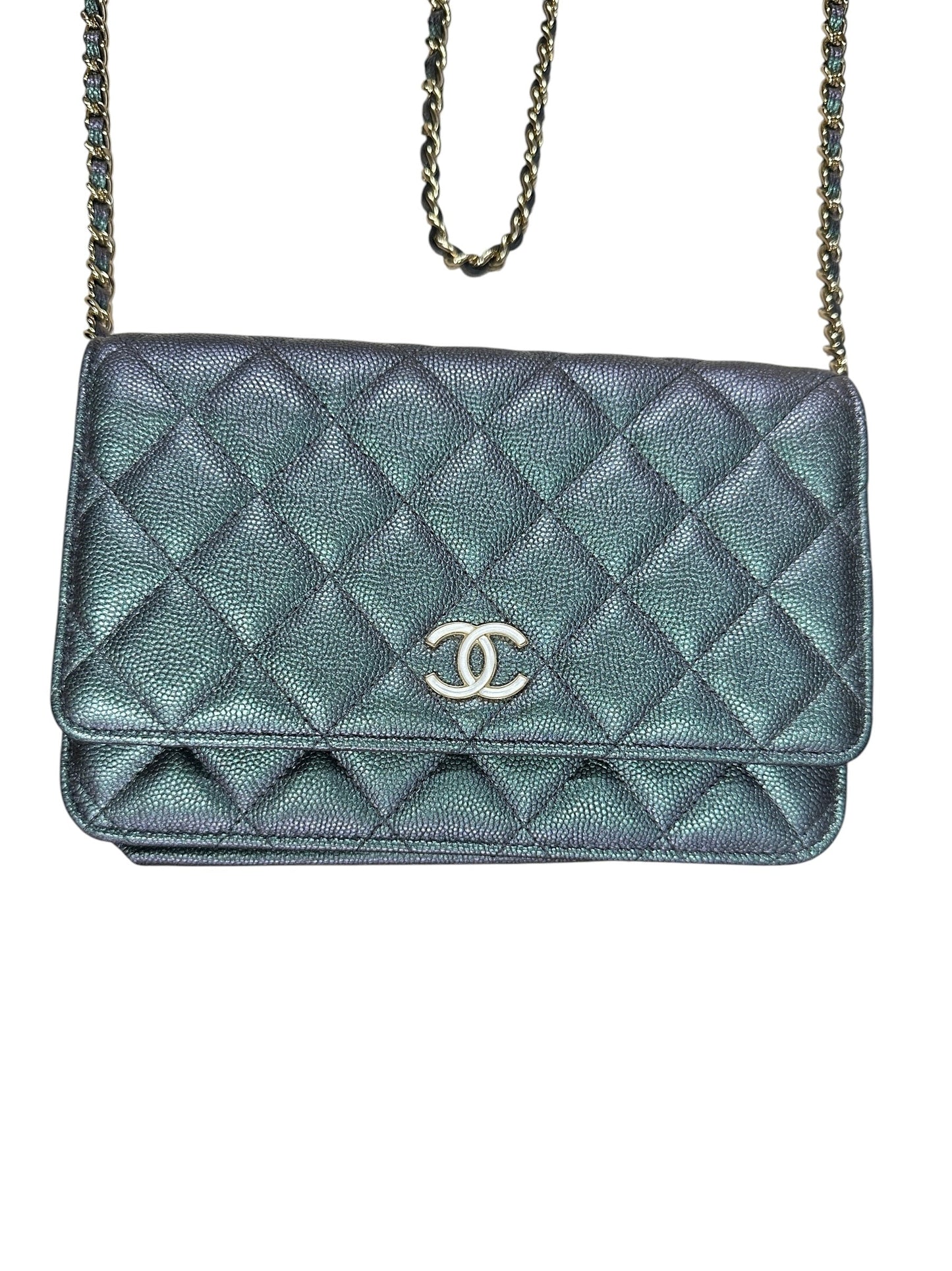CHANEL Caviar Leather Matelasse 19 Chain Wallet Metallic Grey Gold Hardware - CHANEL