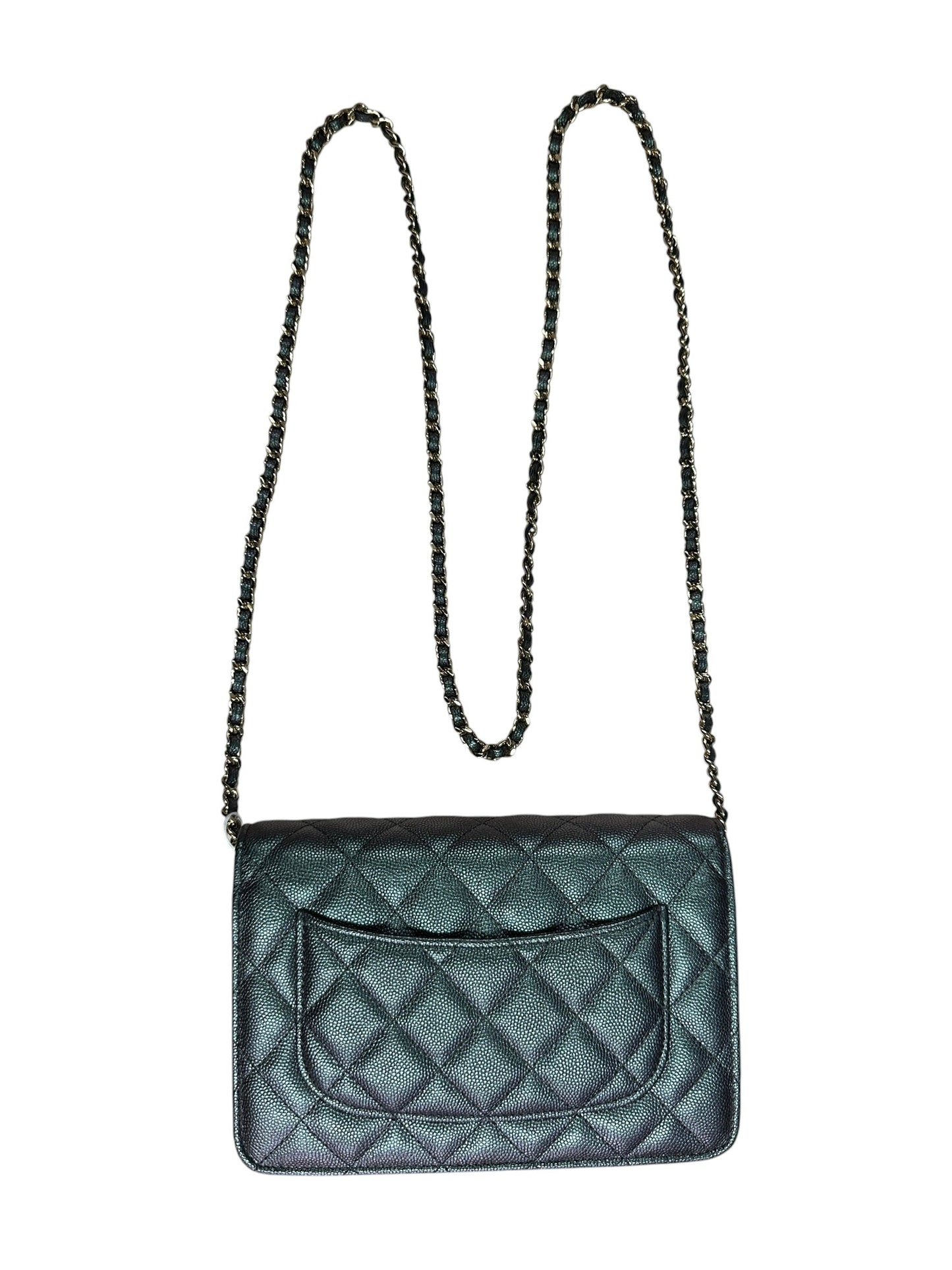 CHANEL Caviar Leather Matelasse 19 Chain Wallet Metallic Grey Gold Hardware - CHANEL