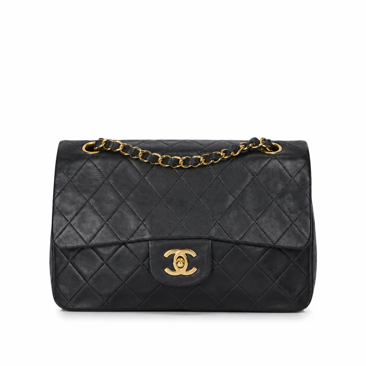 CHANEL Lambskin Classic Flap Bag Shoulder Bag Black with Burgundy Lining Gold Hardware