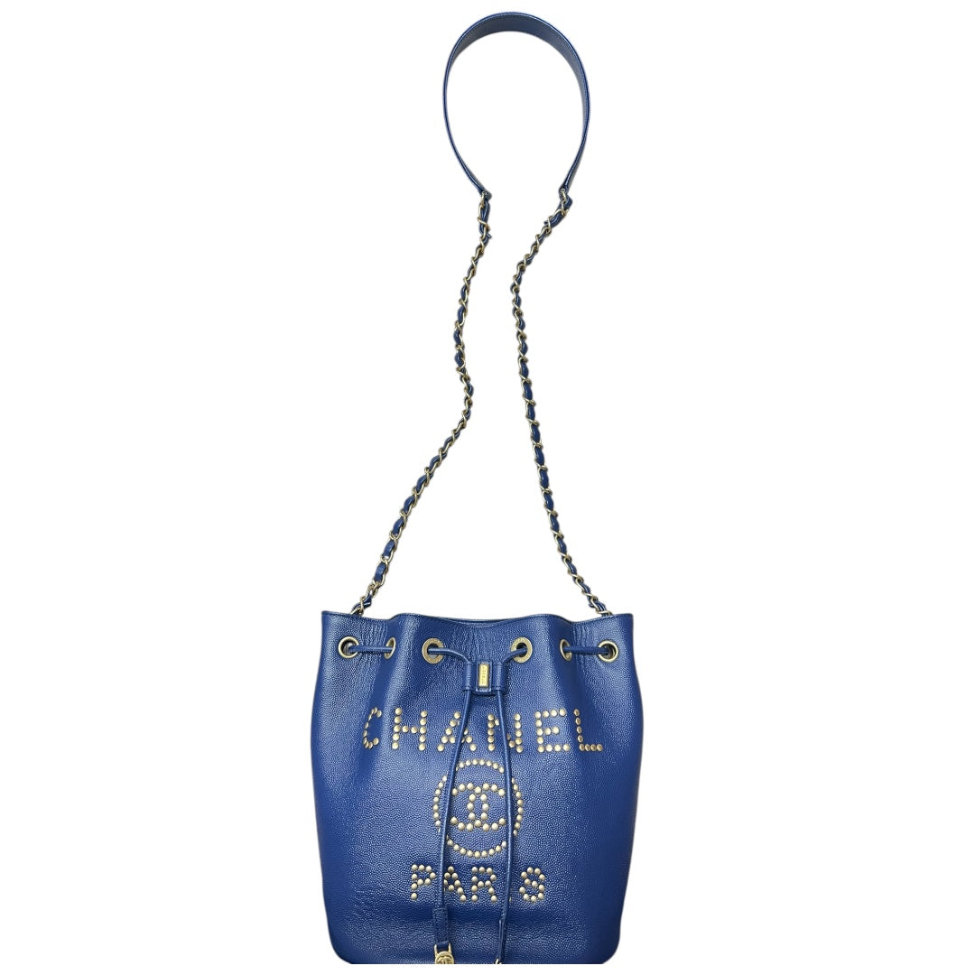 CHANEL Stud Logo Drawstring Bucket Bag Double Chain Blue | Authentic Pre-Owned Luxury