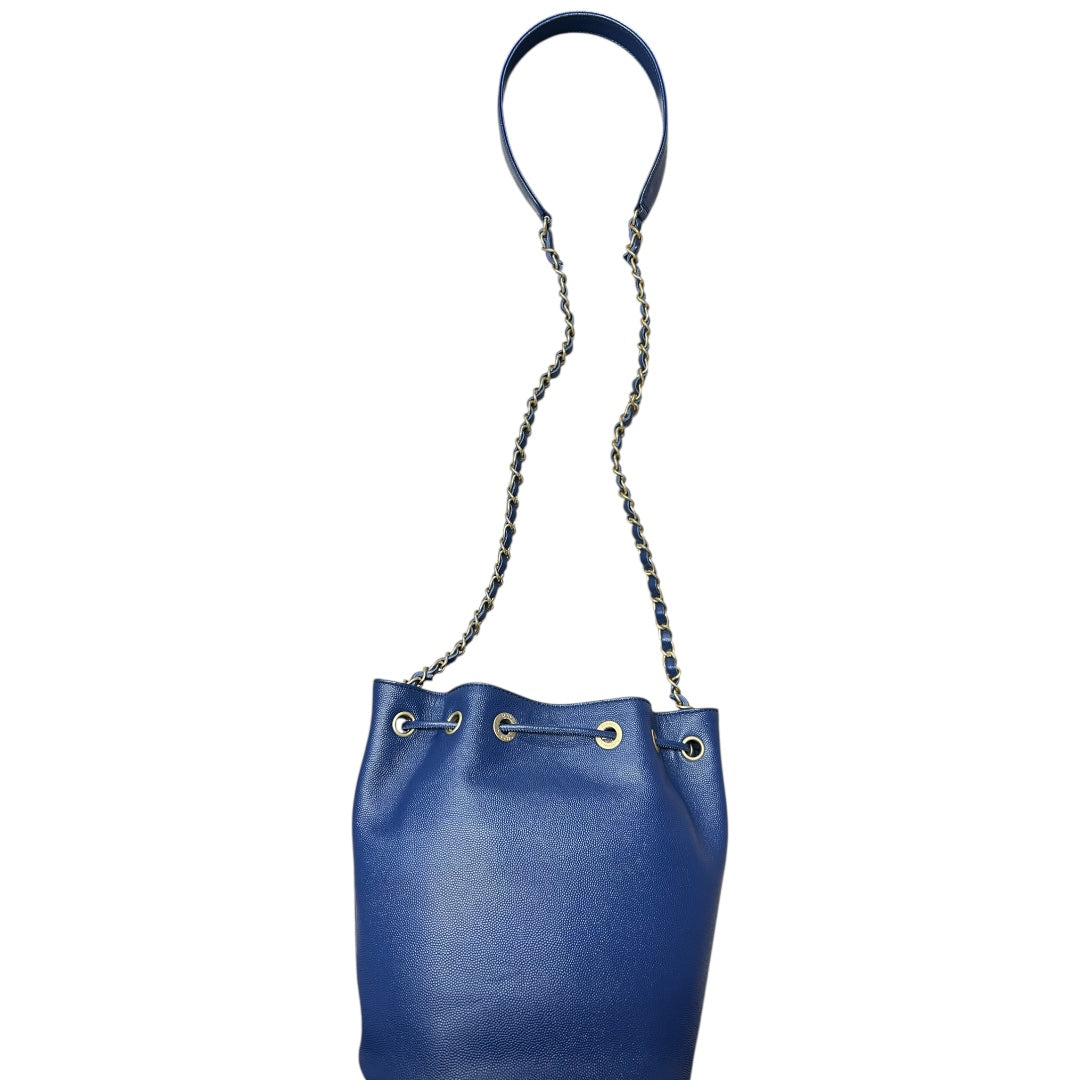 CHANEL Stud Logo Drawstring Bucket Bag Double Chain Blue | Authentic Pre-Owned Luxury