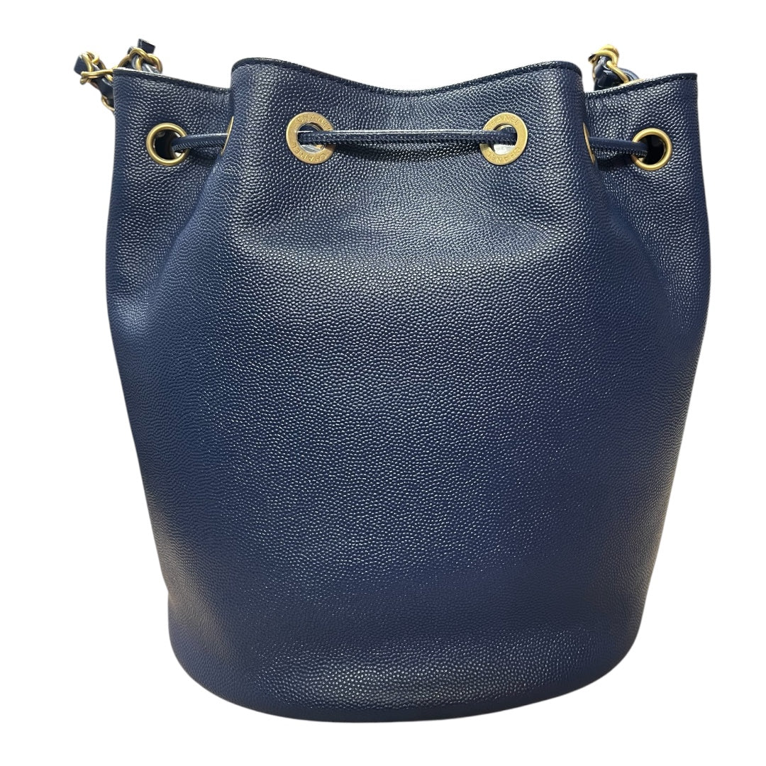 CHANEL Stud Logo Drawstring Bucket Bag Double Chain Blue | Authentic Pre-Owned Luxury