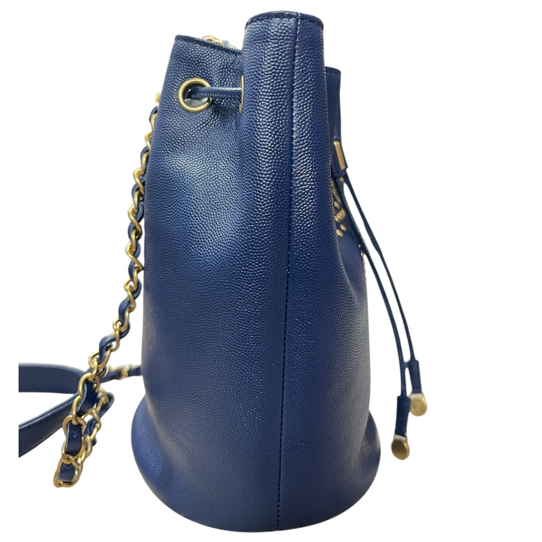 CHANEL Stud Logo Drawstring Bucket Bag Double Chain Blue | Authentic Pre-Owned Luxury