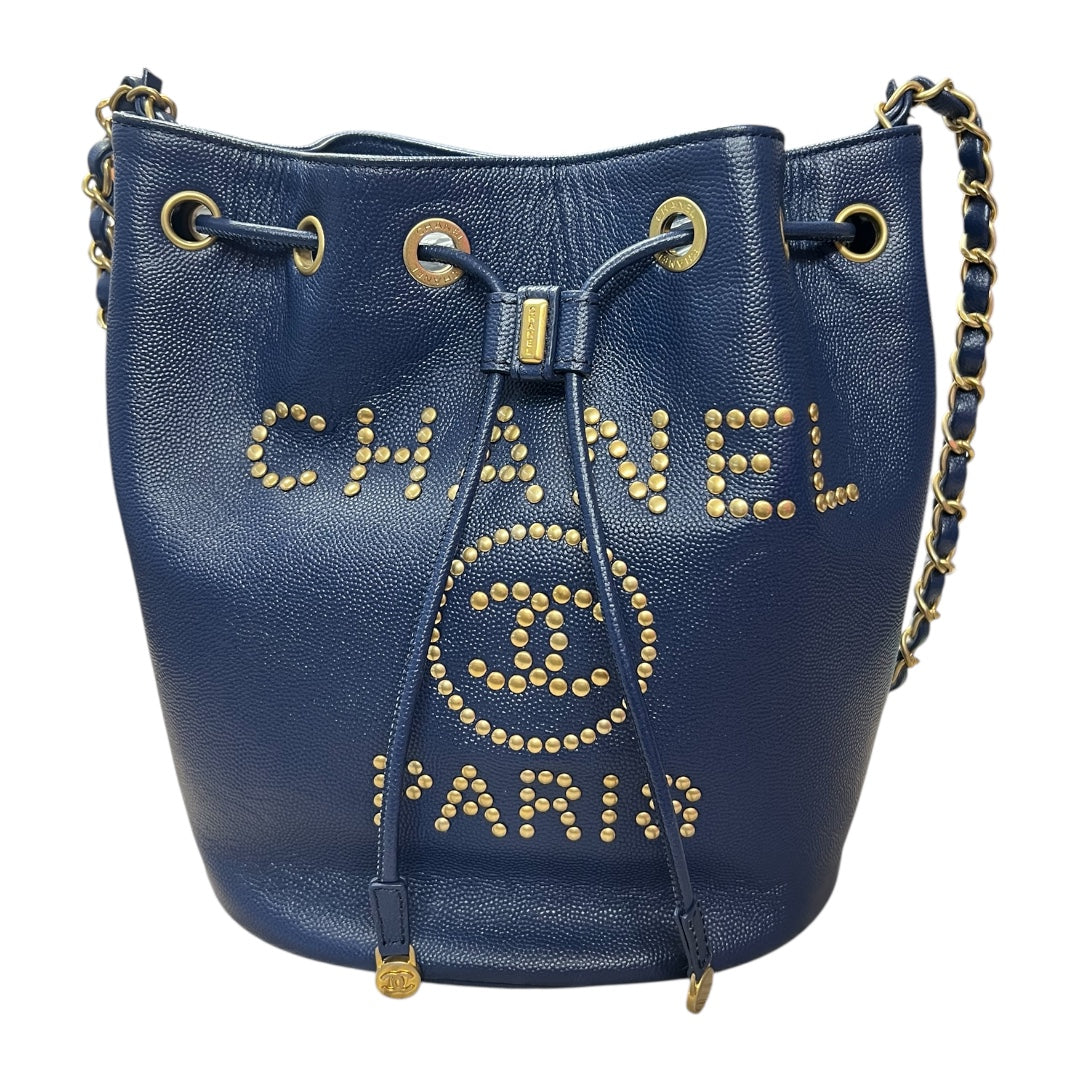 CHANEL Stud Logo Drawstring Bucket Bag Double Chain Blue | Authentic Pre-Owned Luxury