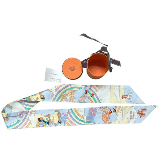 HERMES Twilly Carres Volants Silk Scarf Cream Blue Multicolor | Authentic Pre-Owned Luxury