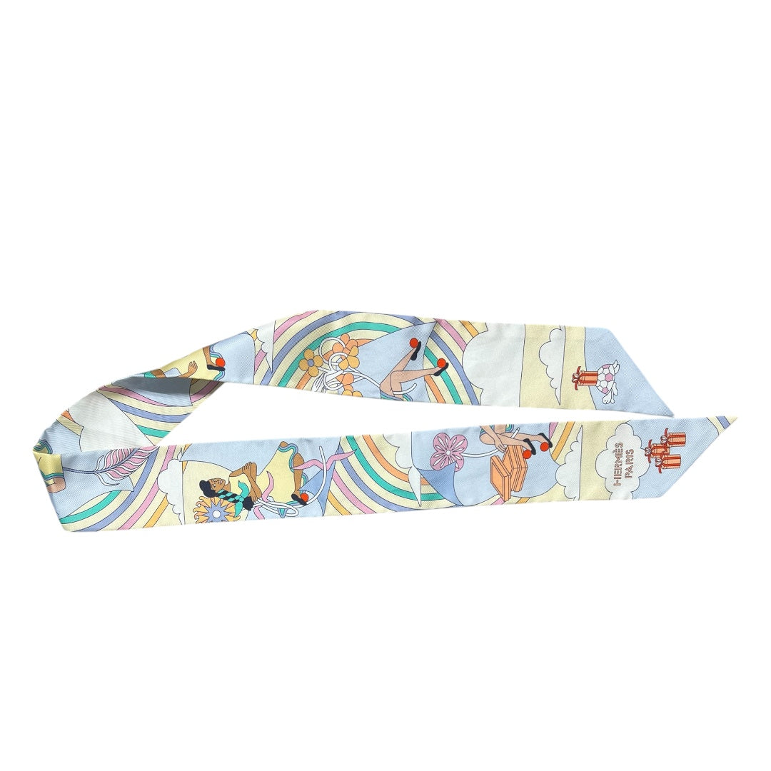 HERMES Twilly Carres Volants Silk Scarf Cream Blue Multicolor | Authentic Pre-Owned Luxury