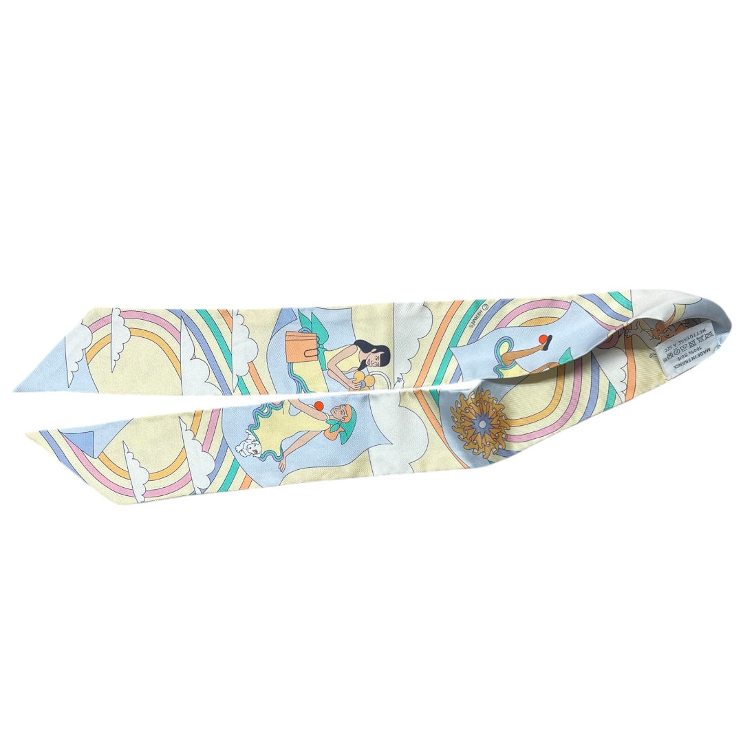 HERMES Twilly Carres Volants Silk Scarf Cream Blue Multicolor | Authentic Pre-Owned Luxury