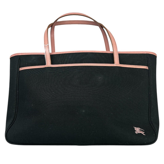 Burberry Horse Logo Canvas Tote Bag Black Pink Trim Handbag | Authentic Pre-Owned Luxury