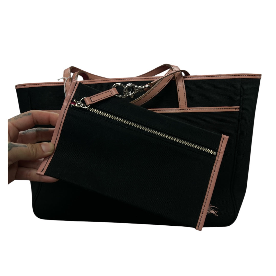 Burberry Horse Logo Canvas Tote Bag Black Pink Trim Handbag | Authentic Pre-Owned Luxury