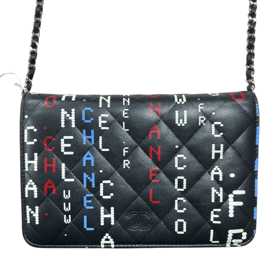 CHANEL Typography Print Chain Wallet WOC Quilted Leather Black | Authentic Pre-Owned Luxury