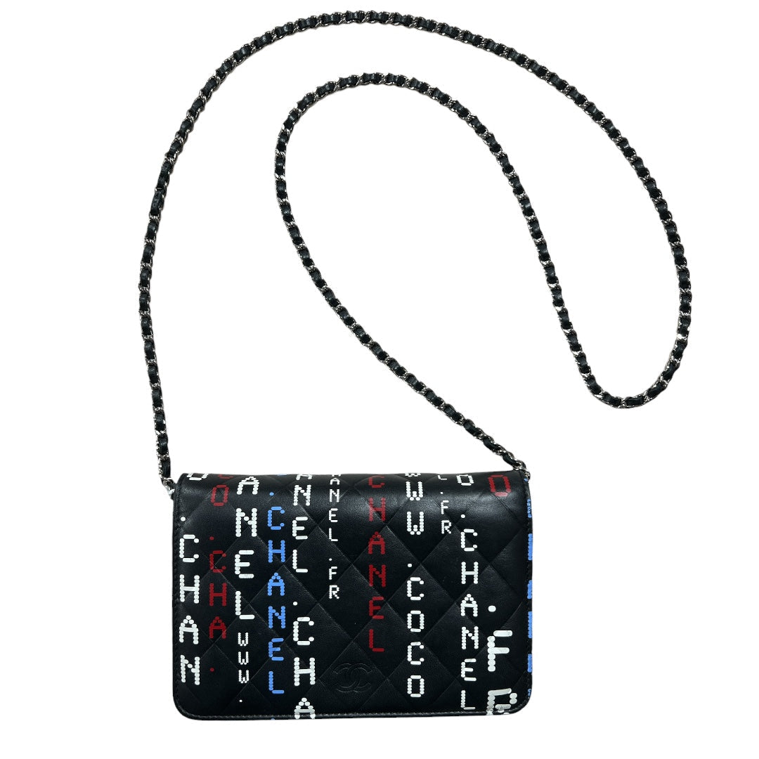 CHANEL Typography Print Chain Wallet WOC Quilted Leather Black | Authentic Pre-Owned Luxury
