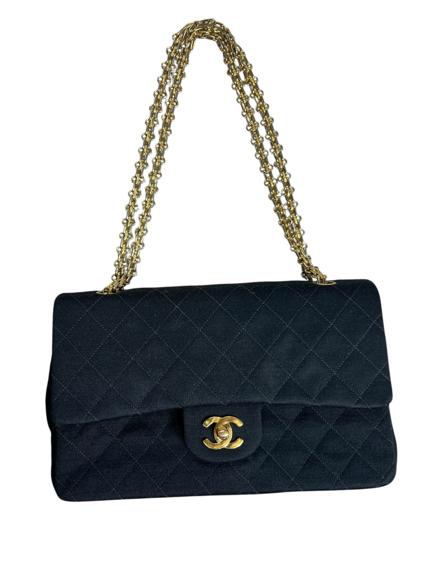 CHANEL Vintage Classic Double Flap Medium Jersey Black Gold Hardware Chain Shoulder Bag 1994-1996 | Authentic Pre-Owned Luxury