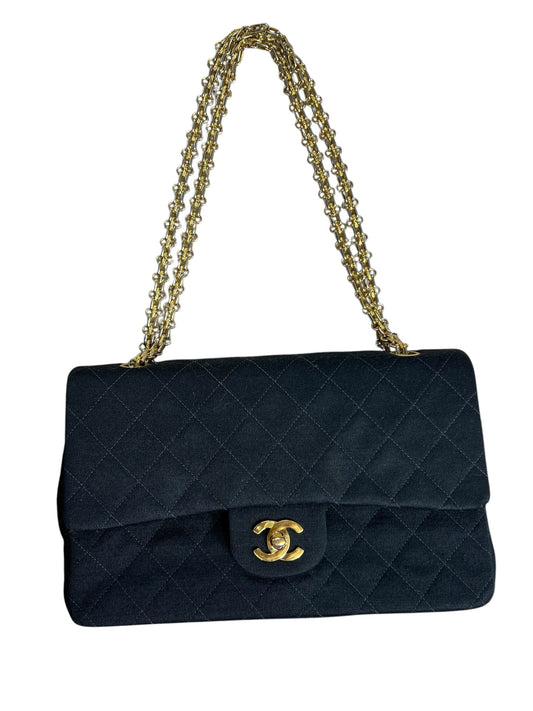 CHANEL Vintage Classic Double Flap Medium Jersey Black Gold Hardware Chain Shoulder Bag 1994-1996 | Authentic Pre-Owned Luxury