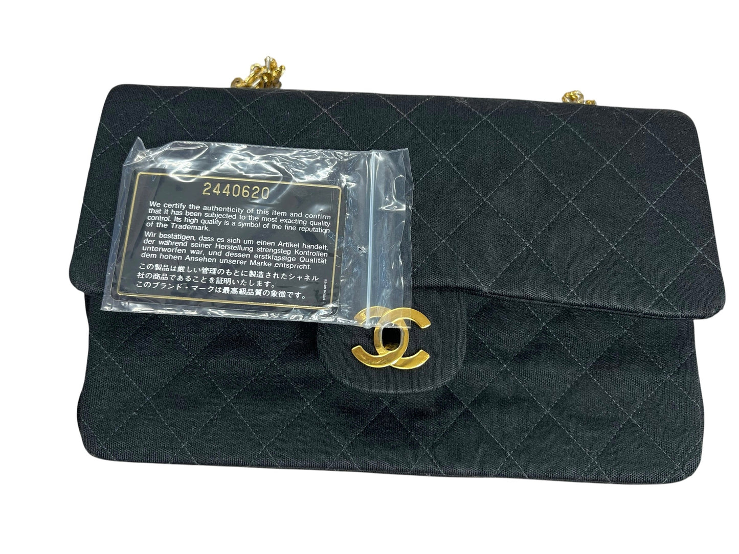 CHANEL Vintage Classic Double Flap Medium Jersey Black Gold Hardware Chain Shoulder Bag 1994-1996 | Authentic Pre-Owned Luxury