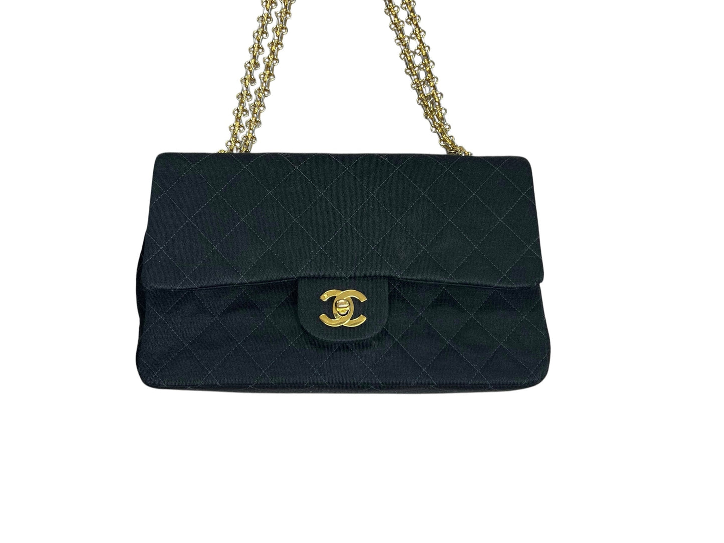 CHANEL Vintage Classic Double Flap Medium Jersey Black Gold Hardware Chain Shoulder Bag 1994-1996 | Authentic Pre-Owned Luxury