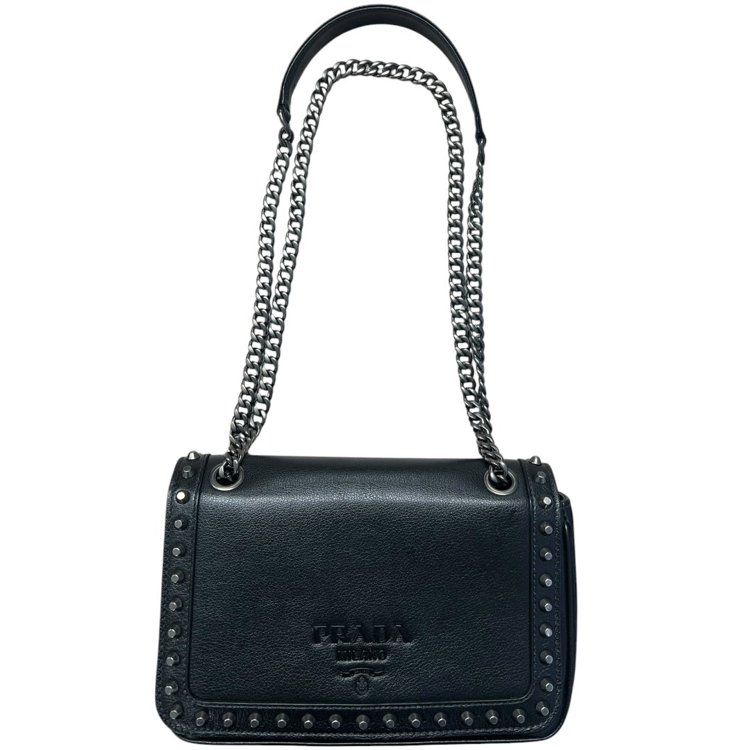PRADA Studded Leather Flap Chain Shoulder Bag Black | Authentic Pre-Owned Luxury