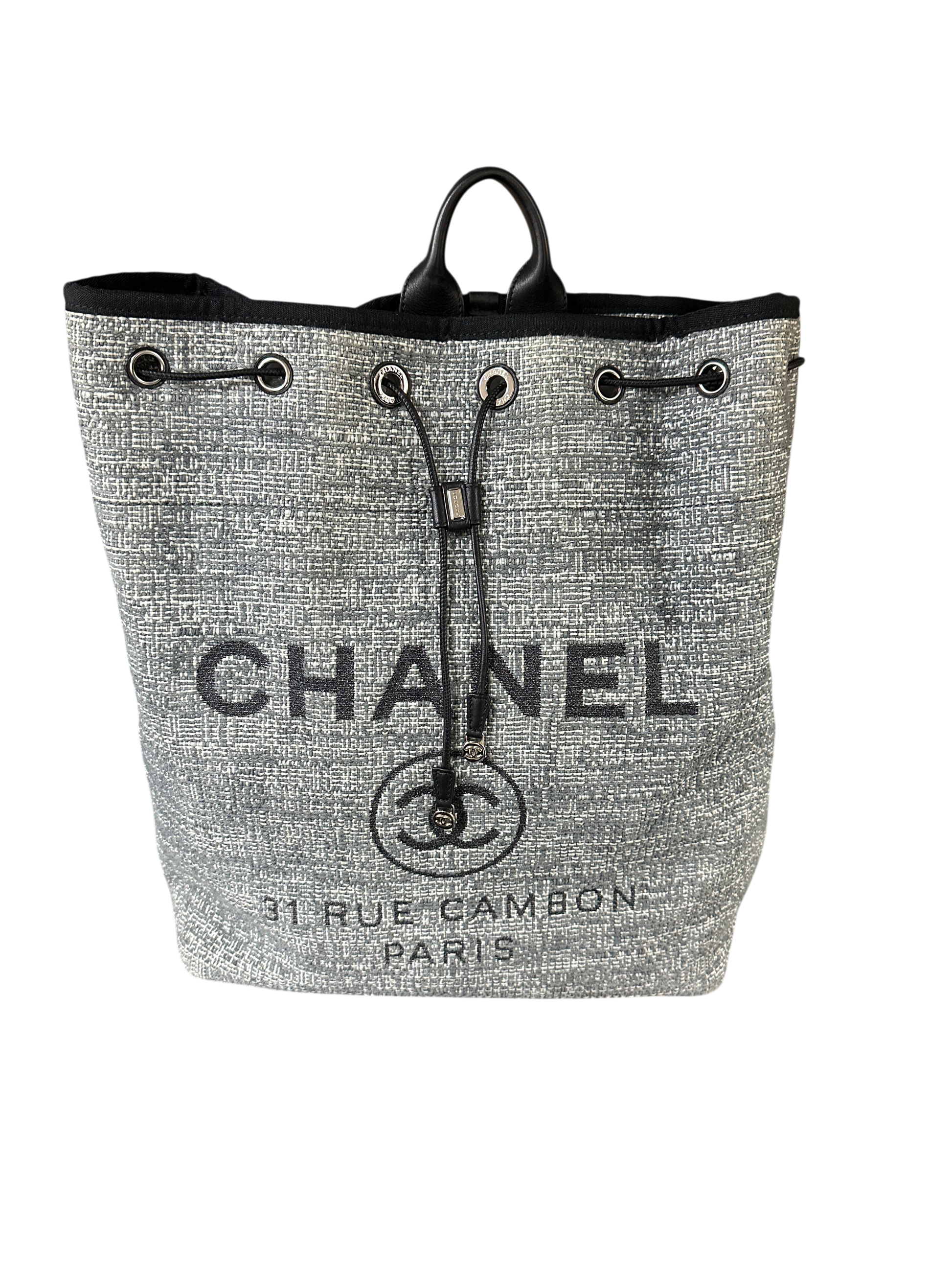 T-Family Chanel Deauville 32 Tweed Drawstring Backpack Grey Silver Hardware Series 25 - | Authentic Pre-Owned Luxury