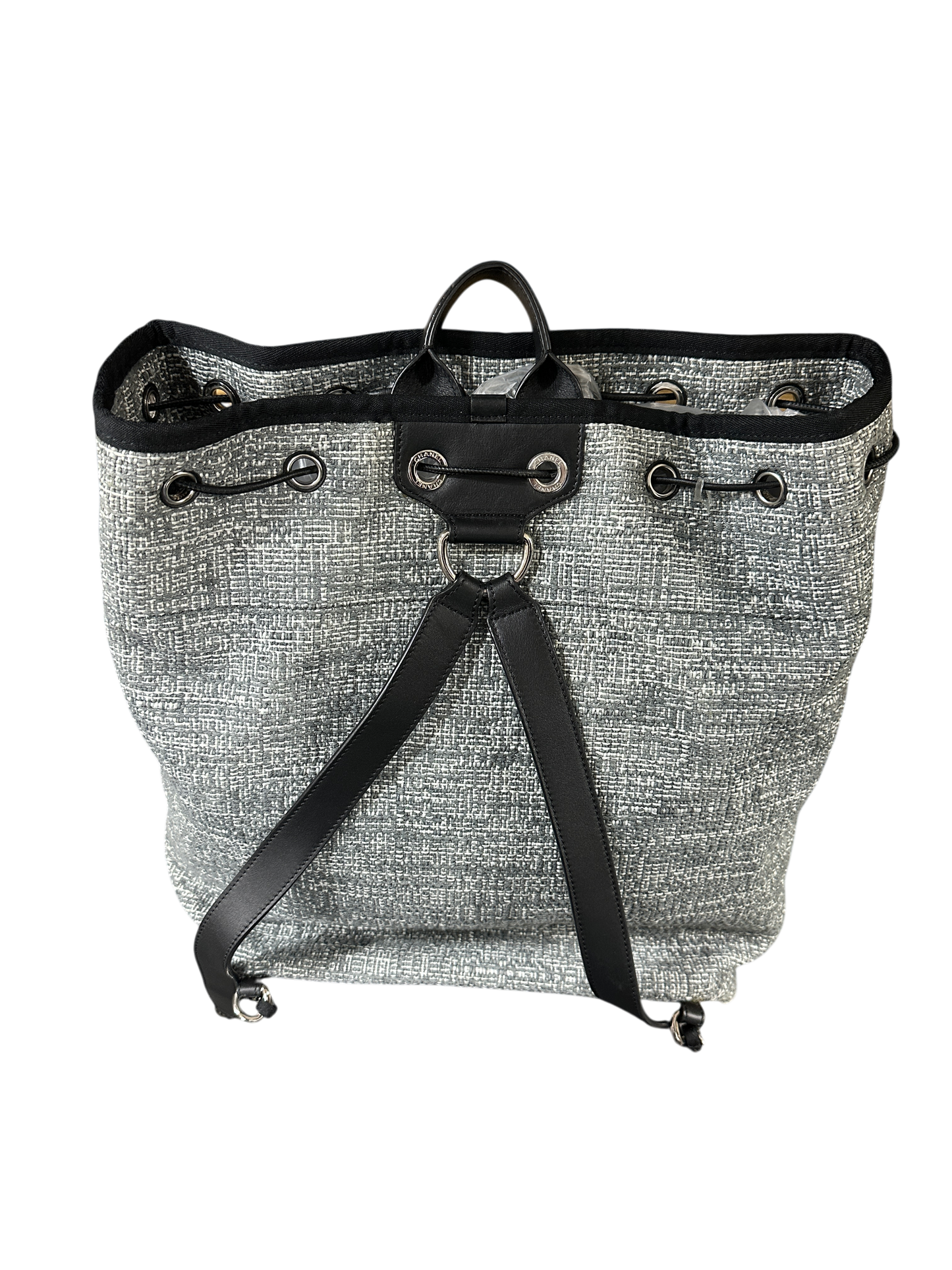 T-Family Chanel Deauville 32 Tweed Drawstring Backpack Grey Silver Hardware Series 25 - | Authentic Pre-Owned Luxury