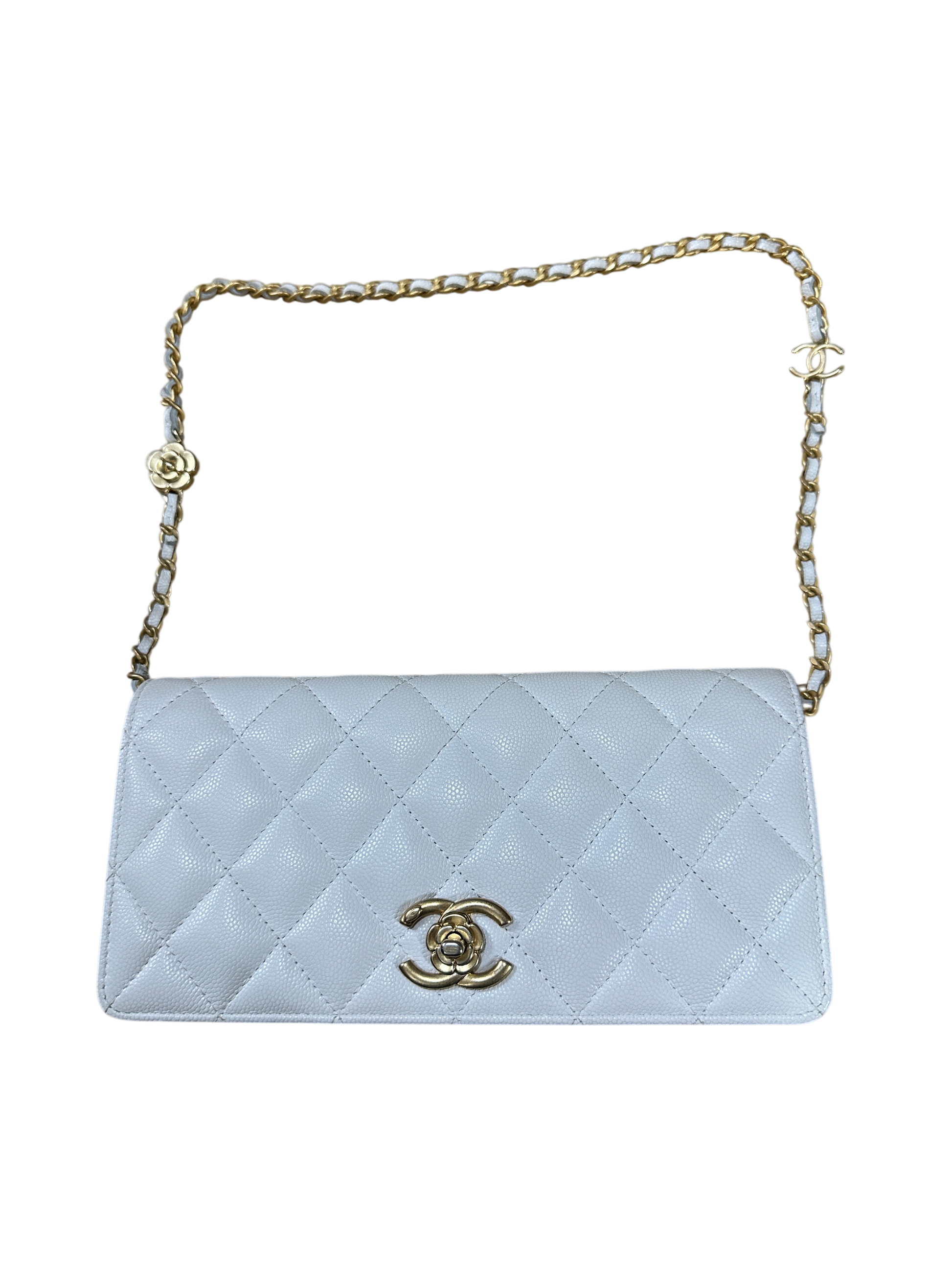 T-Family Chanel Matelasse 21 Camellia CC Wallet on Chain WOC White Caviar Leather Gold Hardware - | Authentic Pre-Owned Luxury