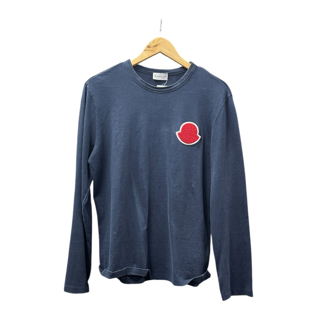 MONCLER Authentic Moncler Navy Blue Long Sleeve T-Shirt with Large Red Logo | Authentic Pre-Owned Luxury