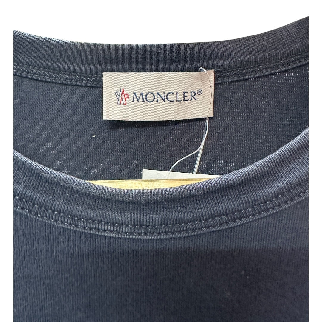 MONCLER Authentic Moncler Navy Blue Long Sleeve T-Shirt with Large Red Logo | Authentic Pre-Owned Luxury