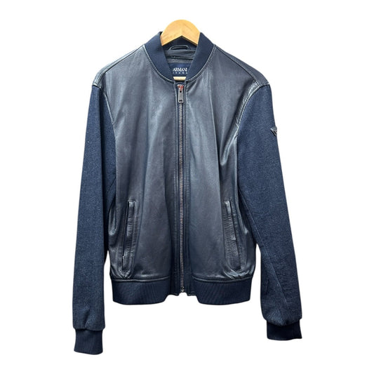 ARMANI Authentic Armani Jeans Navy Leather & Fabric Bomber Jacket Made in Italy | Authentic Pre-Owned Luxury