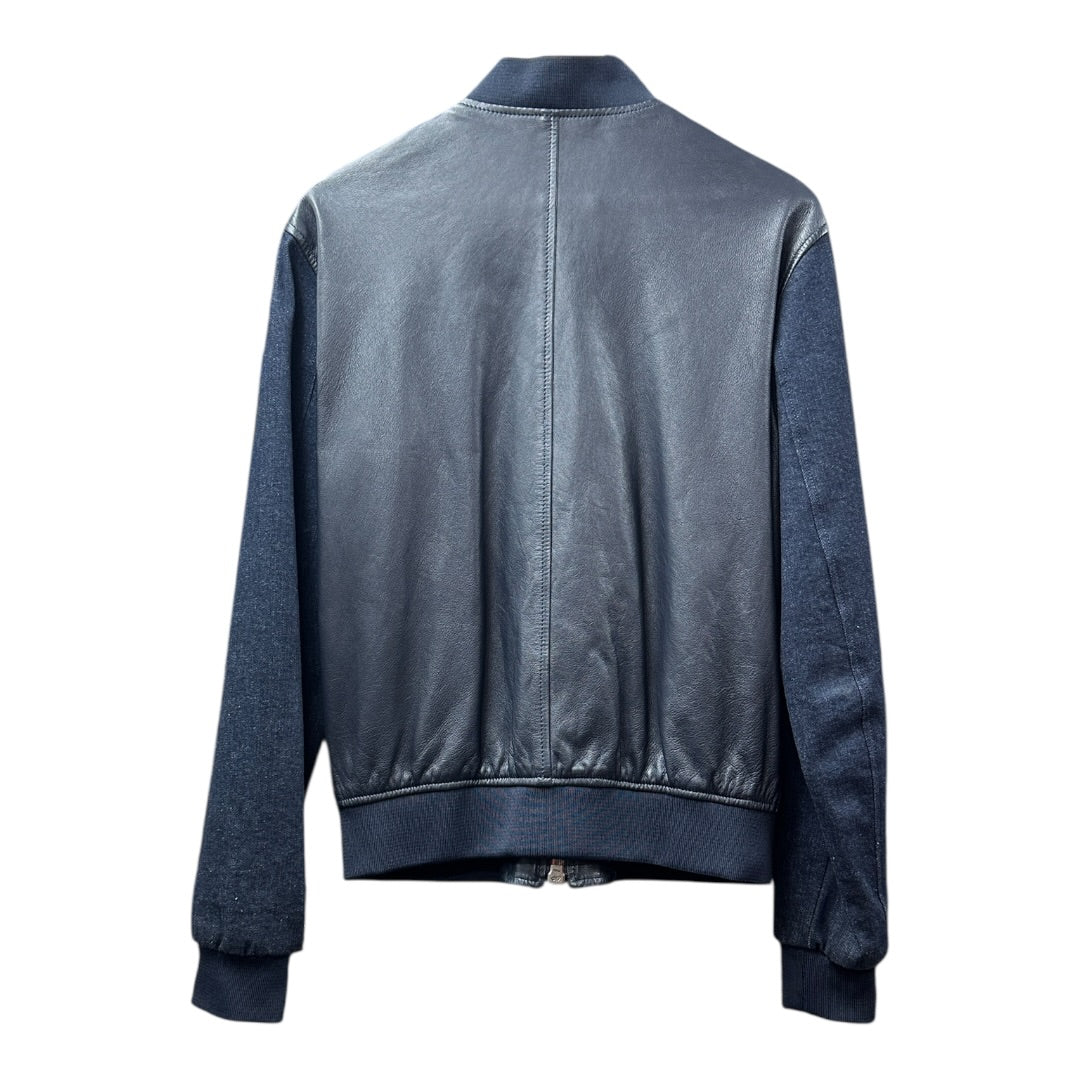 ARMANI Authentic Armani Jeans Navy Leather & Fabric Bomber Jacket Made in Italy | Authentic Pre-Owned Luxury