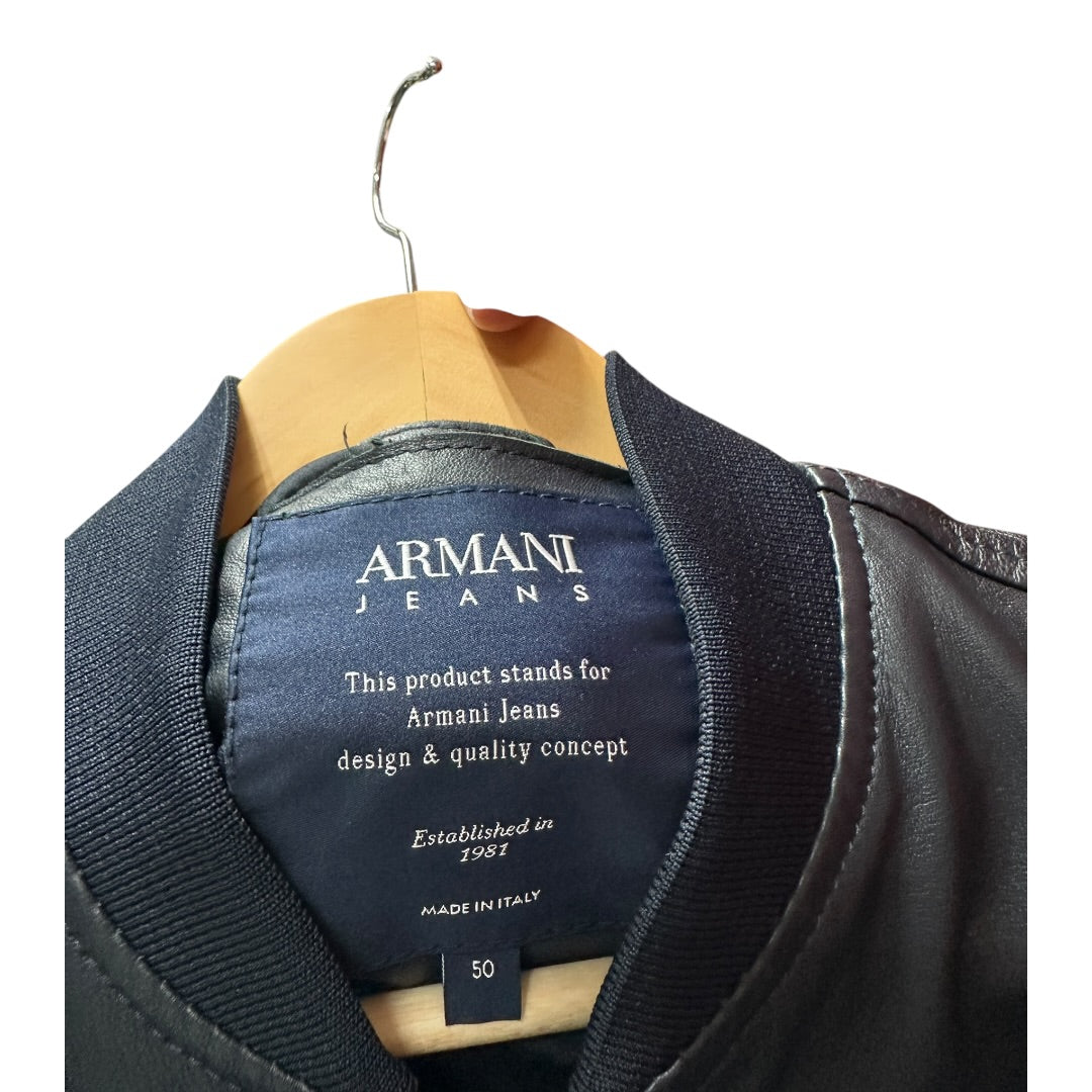 ARMANI Authentic Armani Jeans Navy Leather & Fabric Bomber Jacket Made in Italy | Authentic Pre-Owned Luxury