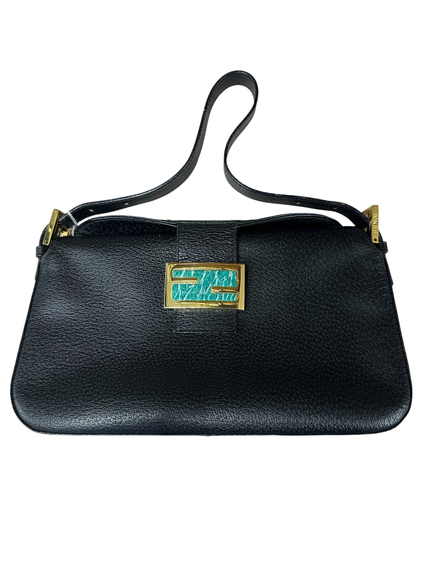 FENDI Mama Forever Grain Leather Shoulder Bag with Stone FF Buckle Black Gold Hardware | Authentic Pre-Owned Luxury