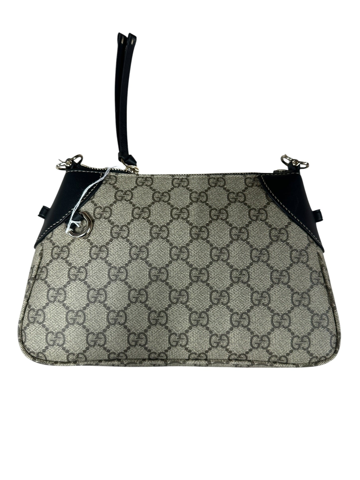 GUCCI GG Supreme Canvas Leather Trim Shoulder Bag Beige Black Silver Hardware | Authentic Pre-Owned Luxury