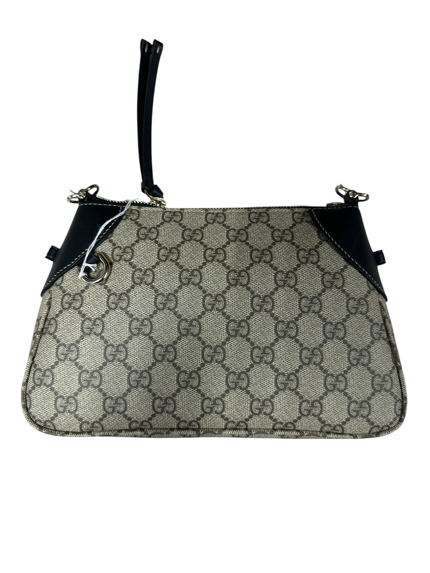 GUCCI GG Supreme Canvas Leather Trim Shoulder Bag Beige Black Silver Hardware | Authentic Pre-Owned Luxury