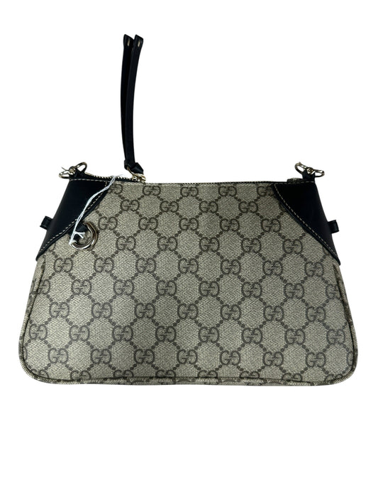GUCCI GG Supreme Canvas Leather Trim Shoulder Bag Beige Black Silver Hardware | Authentic Pre-Owned Luxury