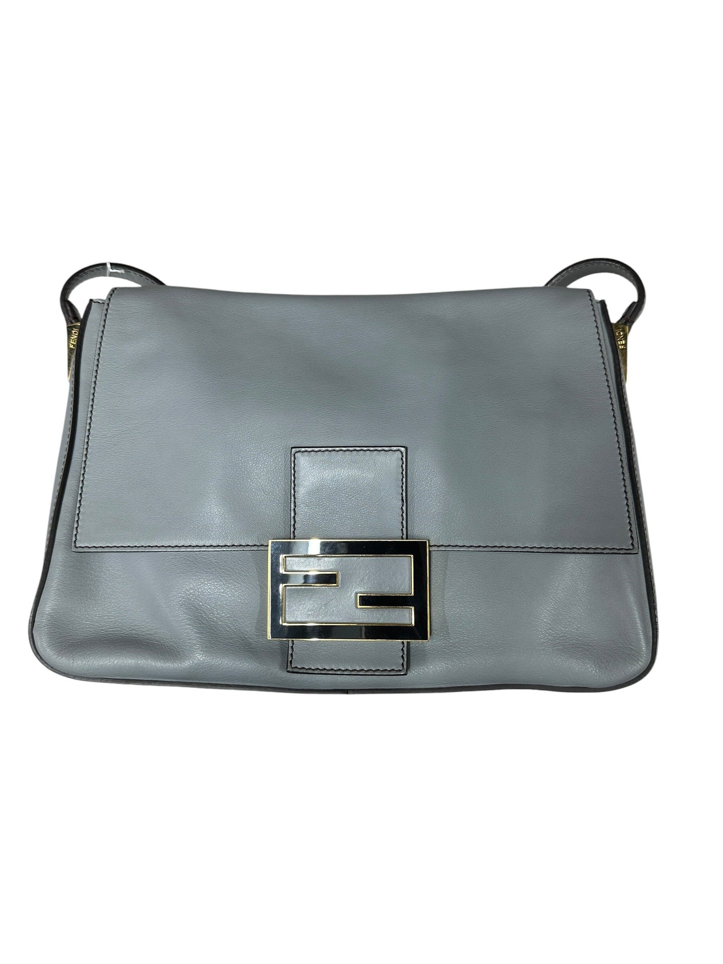 FENDI Smooth Calfskin Leather FF Buckle Shoulder Bag Grey Gold Hardware | Authentic Pre-Owned Luxury