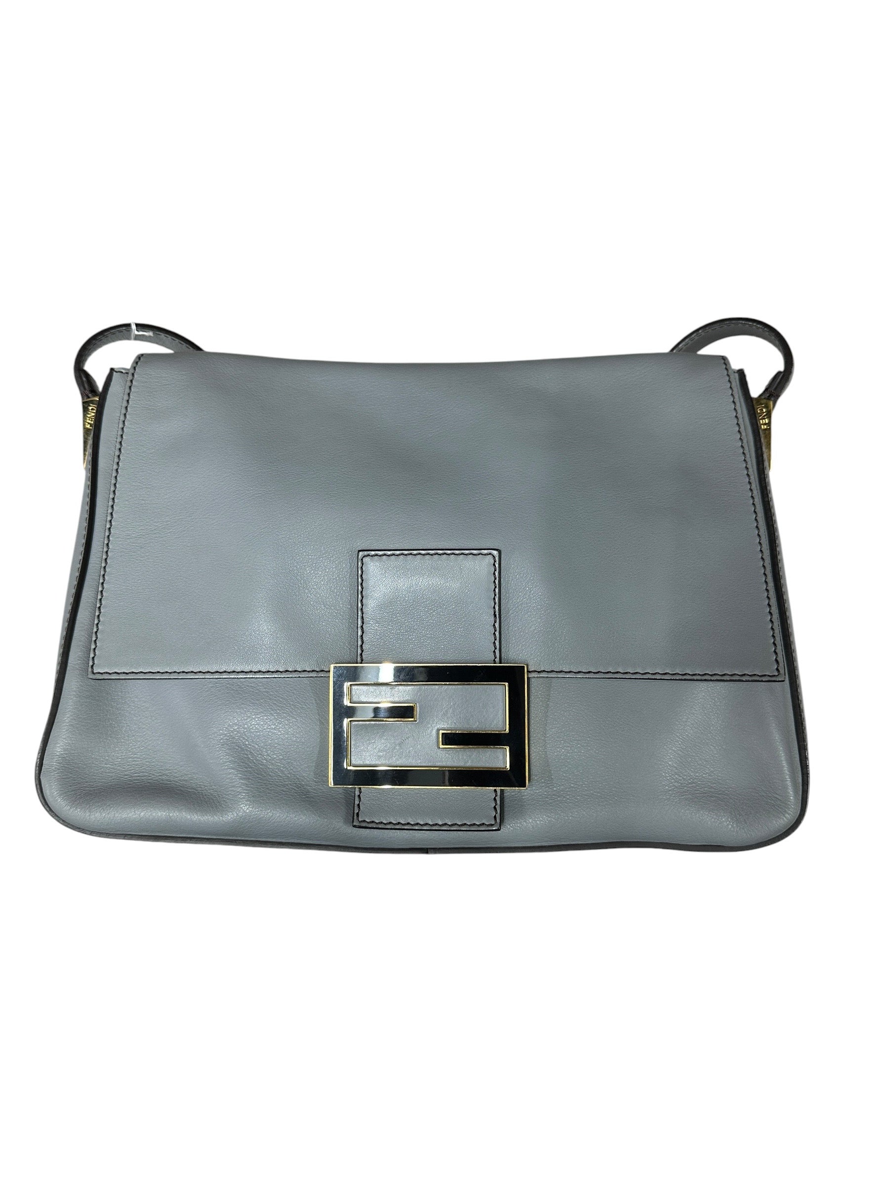 FENDI Smooth Calfskin Leather FF Buckle Shoulder Bag Grey Gold Hardware | Authentic Pre-Owned Luxury