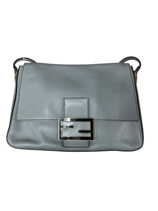 FENDI Smooth Calfskin Leather FF Buckle Shoulder Bag Grey Gold Hardware | Authentic Pre-Owned Luxury